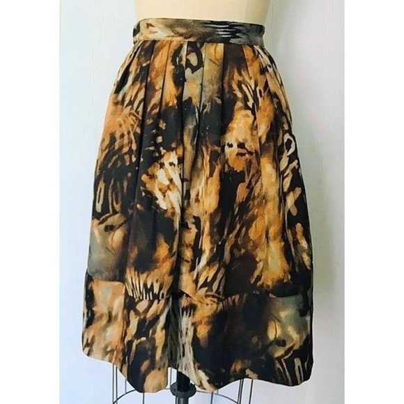 CHELSEA & THEODORE BROWN GRAY MUSTARD ABSTRACT WATERCOLOR FULL SKIRT 12 - Picture 7 of 8